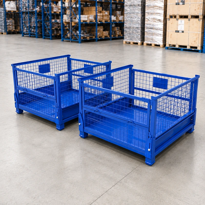 Blue collapsible wire mesh pallet cages with reinforced steel base, warehouse storage