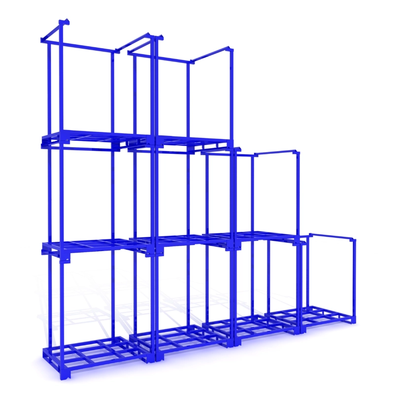Empty blue steel nestainer stackable racks in stepped stacking arrangement of three two and one levels