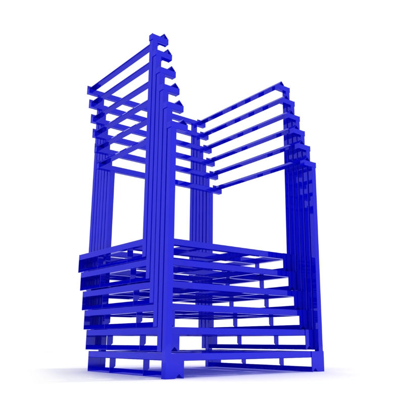Six empty blue steel nestainer racks nested closely together on white background showing space saving design
