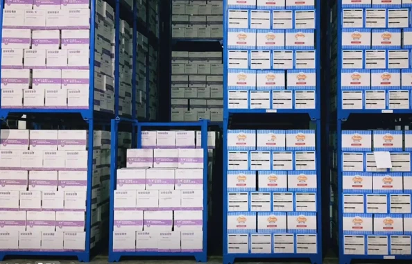 Blue steel nestainer racks stacked with frozen food cartons inside a cold storage warehouse facility