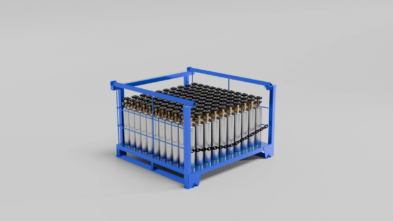 3D render of a blue steel cylinder storage nestainer rack loaded with silver gas cylinders and safety chains
