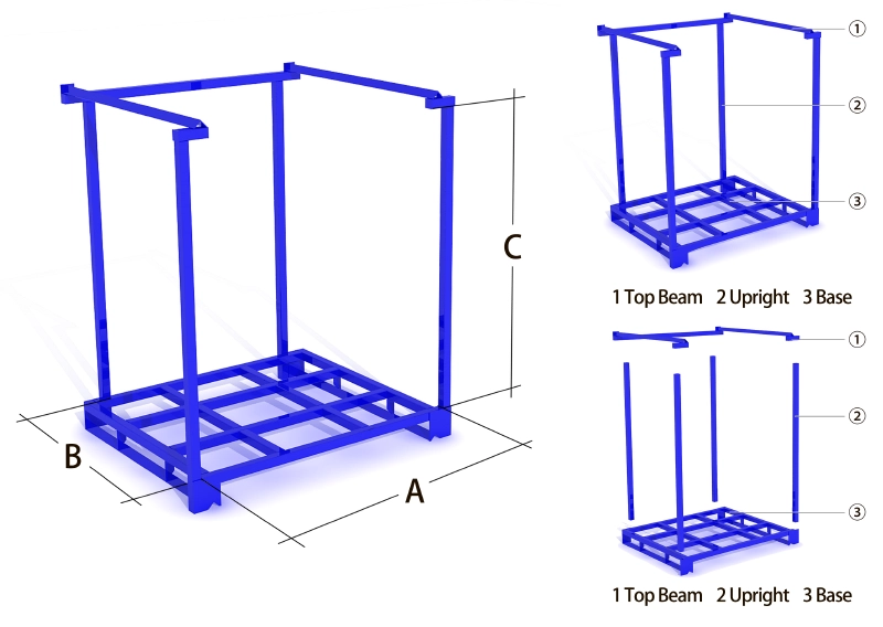 Blue steel nestainer stackable rack structure diagram showing dimensions and exploded assembly views of top beam upright and base