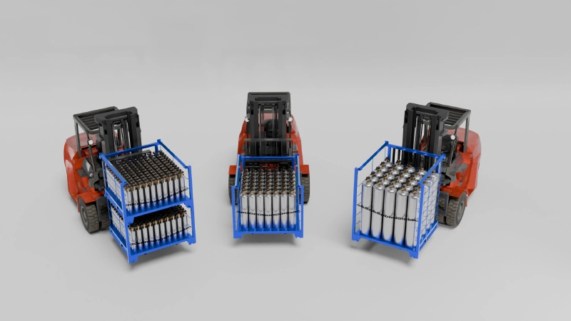 Three red forklifts transporting stacked and single blue steel gas cylinder racks from front and side directions