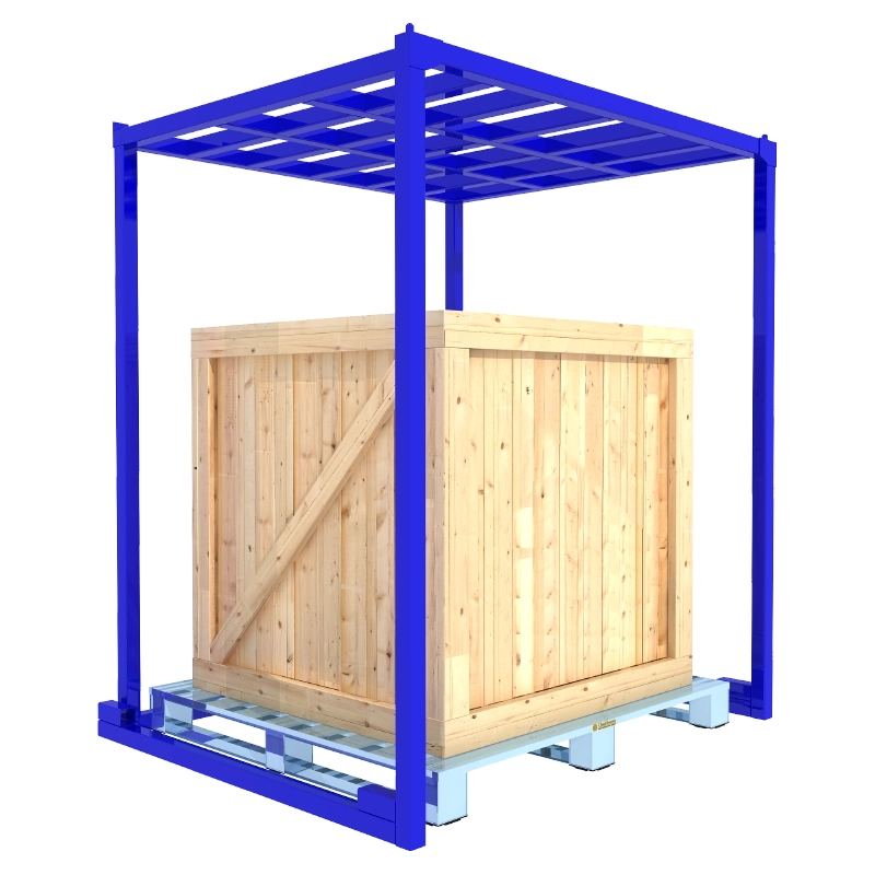3D render of a heavy-duty blue steel upside-down stack rack holding palletized wooden crate