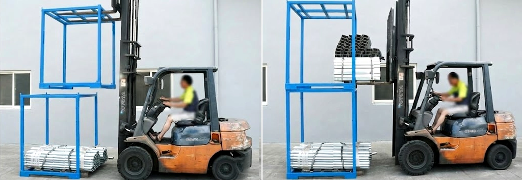 Forklift loading palletized goods into a blue welded steel stack rack, with empty racks nested below for compact storage