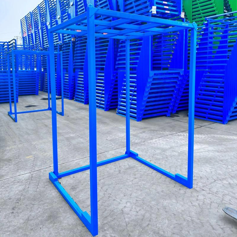 Blue powder-coated steel stack rack frame with welded tubular posts for nesting warehouse storage