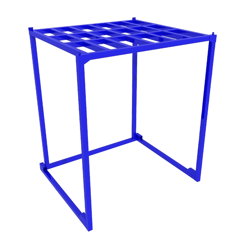 Blue powder-coated steel stack rack render with slatted top deck and heavy-duty corner posts