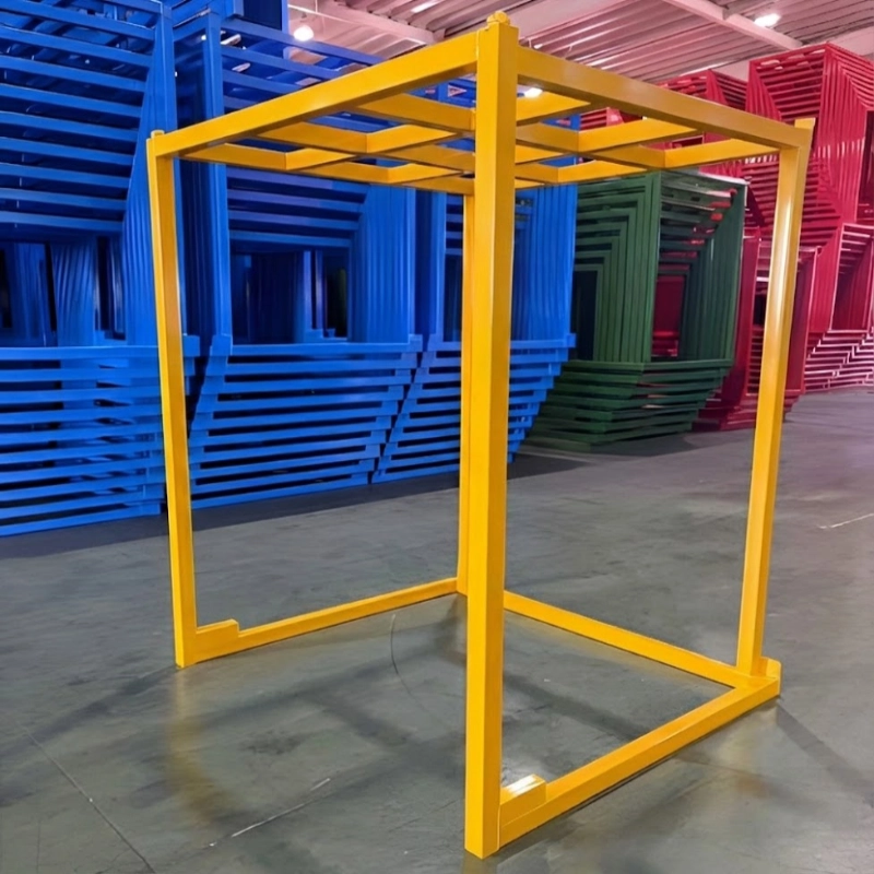 Yellow powder-coated steel stack rack frame with welded top crossbars and square tube posts