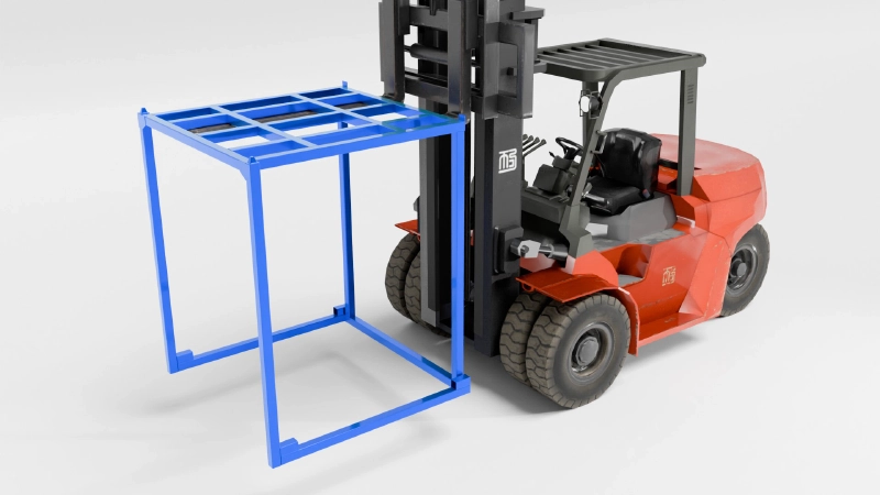 3D render of a blue welded steel stack rack being moved by a forklift