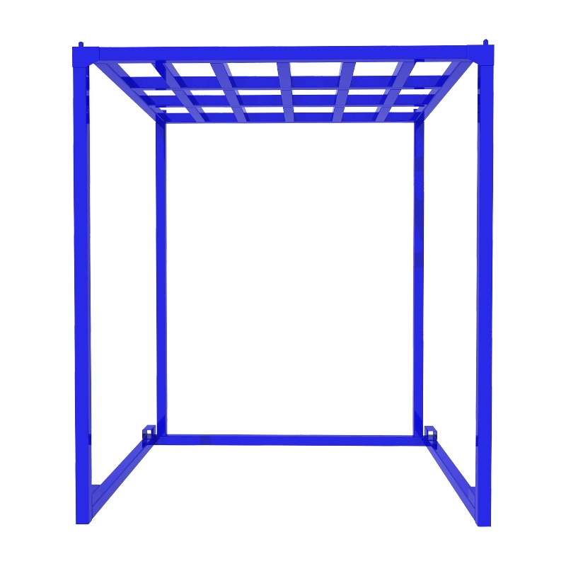 3D render of a blue steel stack rack with top grid, corner posts, and nesting base.