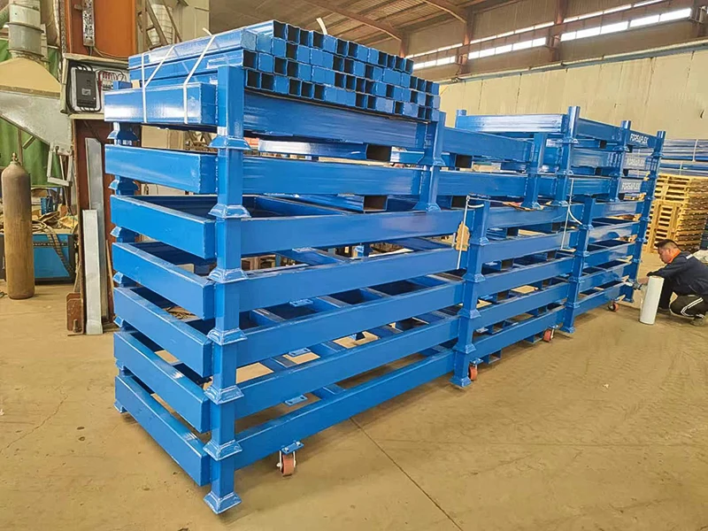 Stacked blue steel storage racks in a warehouse