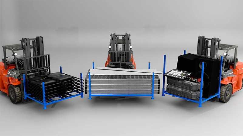 Multiple blue storage racks with forklifts in a product render