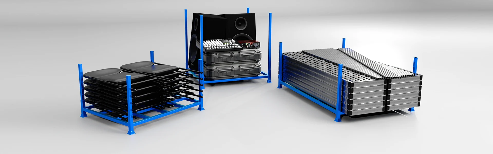 Blue empty storage rack showing grid base and upright posts
