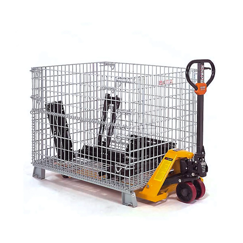 Manual hydraulic pallet jack lifting a galvanized steel wire mesh container filled with industrial parts.