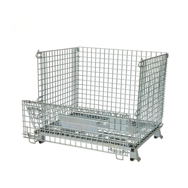 Electro-galvanized wire mesh container with half-drop gate folded down for easy access to stored goods.