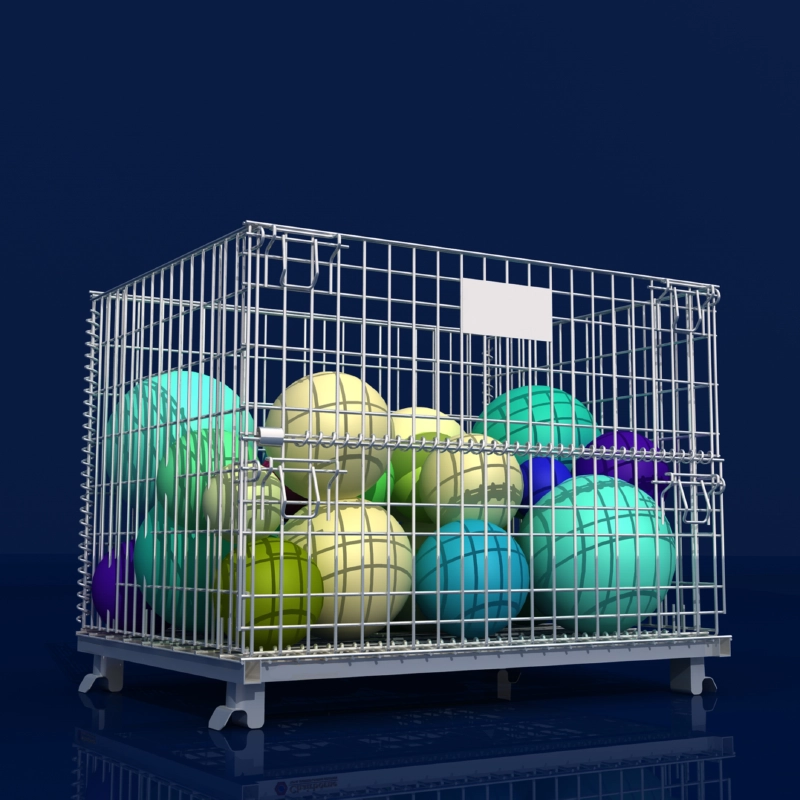 Render of galvanized wire container filled with spheres showing protective mesh cage grid containment.