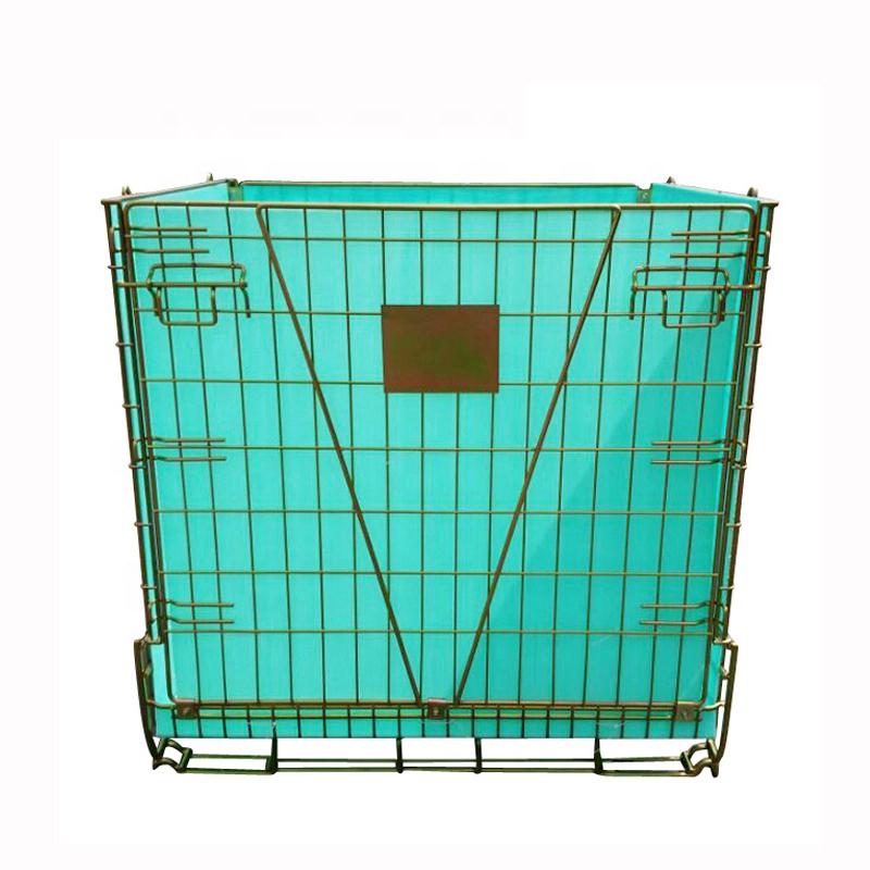 Wire mesh stackable container lined with light green corrugated plastic sheet for scratch resistant storage.