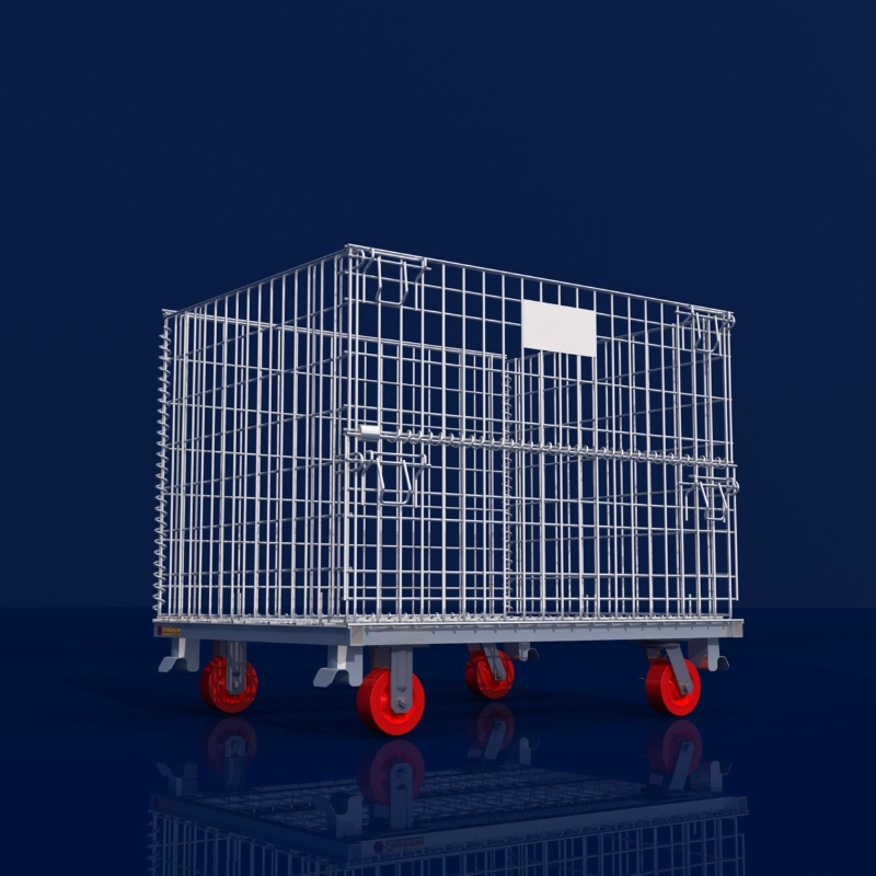 Mobile wire mesh container render featuring four heavy-duty polyurethane casters with foot brakes.