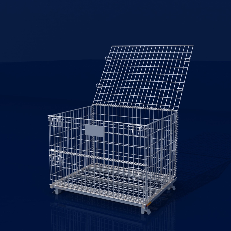 Lockable wire mesh storage container model showing top lid in fully open position.
