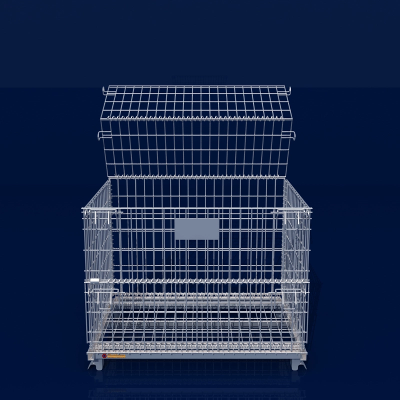 Front view render of lockable wire mesh cage with top cover flipped open.