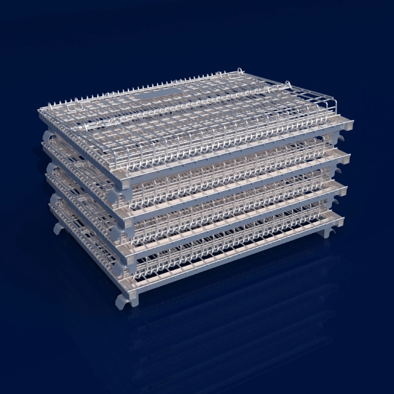 Render of four collapsed galvanized mesh stillages stacked vertically for empty transit logistics.