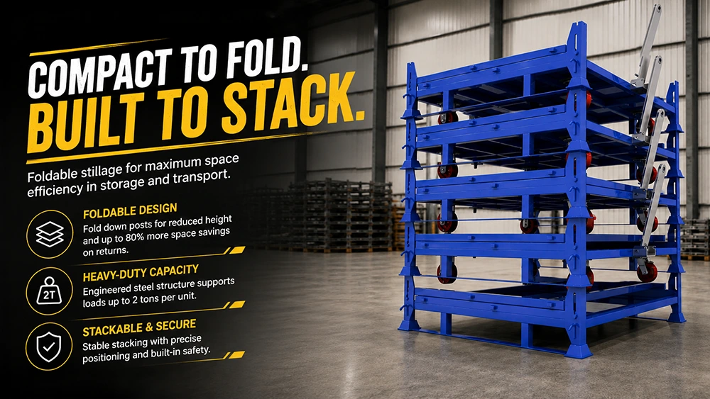 Blue foldable steel stillage racks stacked in warehouse with fold-down posts, rated for two-ton loads