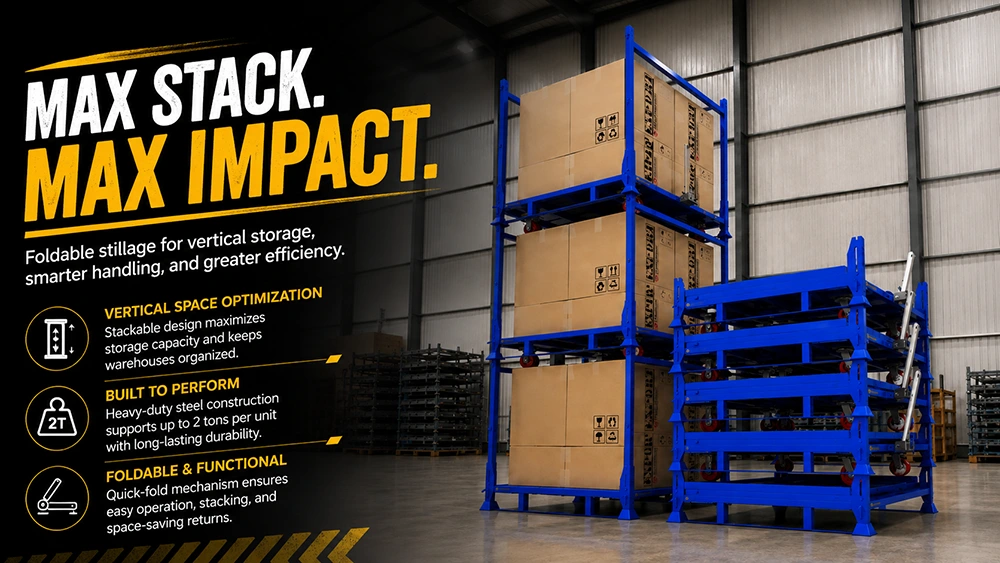 Blue powder-coated foldable stillages stacked with cartons in a warehouse for vertical storage