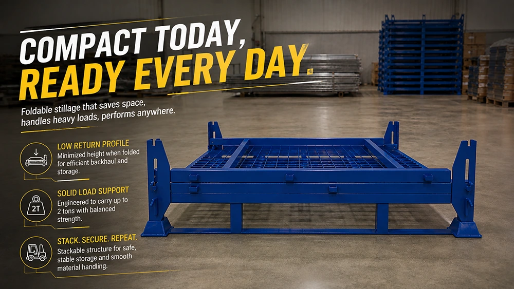 Blue collapsible steel stillage with mesh deck and slotted stacking posts in warehouse