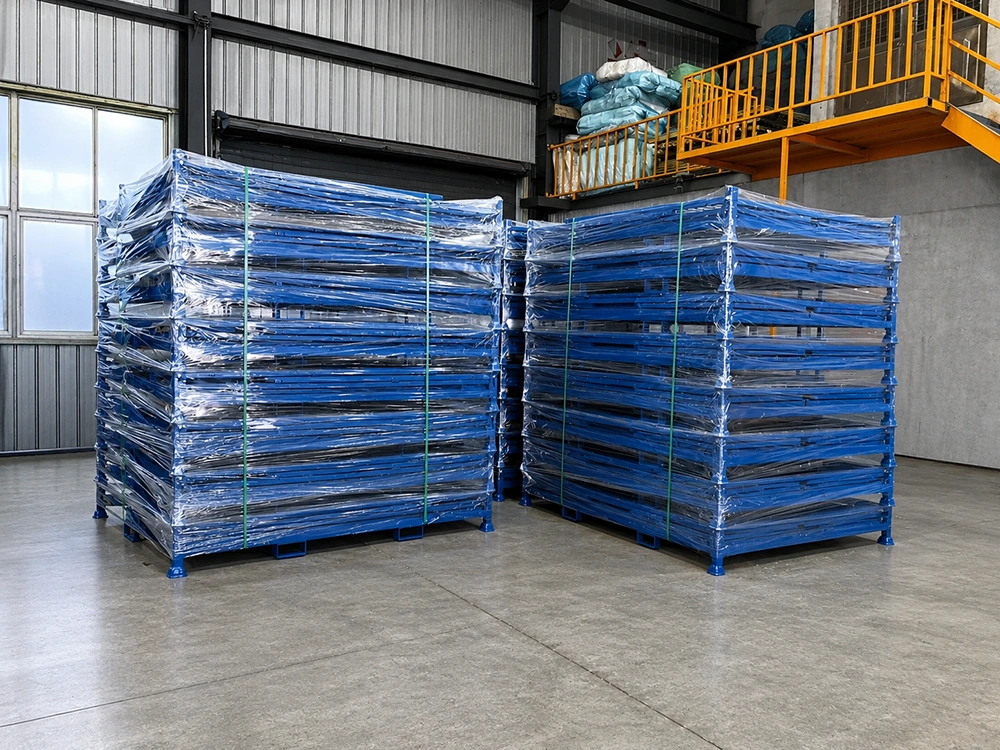 Heavy-duty blue steel stacking racks shrink-wrapped on pallets in an industrial warehouse