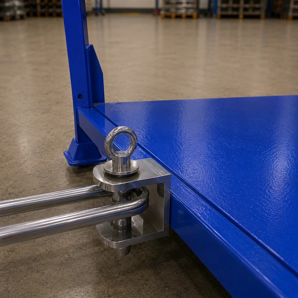 Blue powder-coated stillage corner with hinged tubular rails and removable ring pull pin