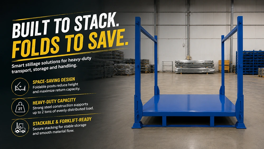 Blue foldable steel post pallet with four upright posts, forklift pockets, and heavy-duty stackable base