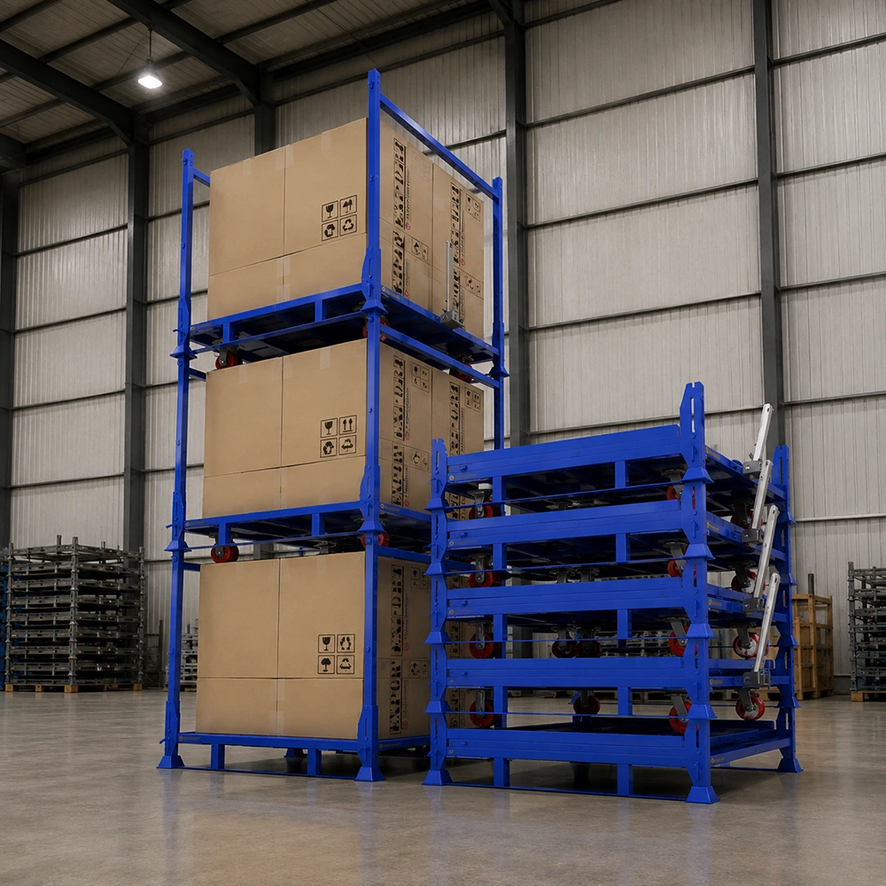 Blue steel stillages with caster wheels, stacked cartons, and nested frames in a warehouse
