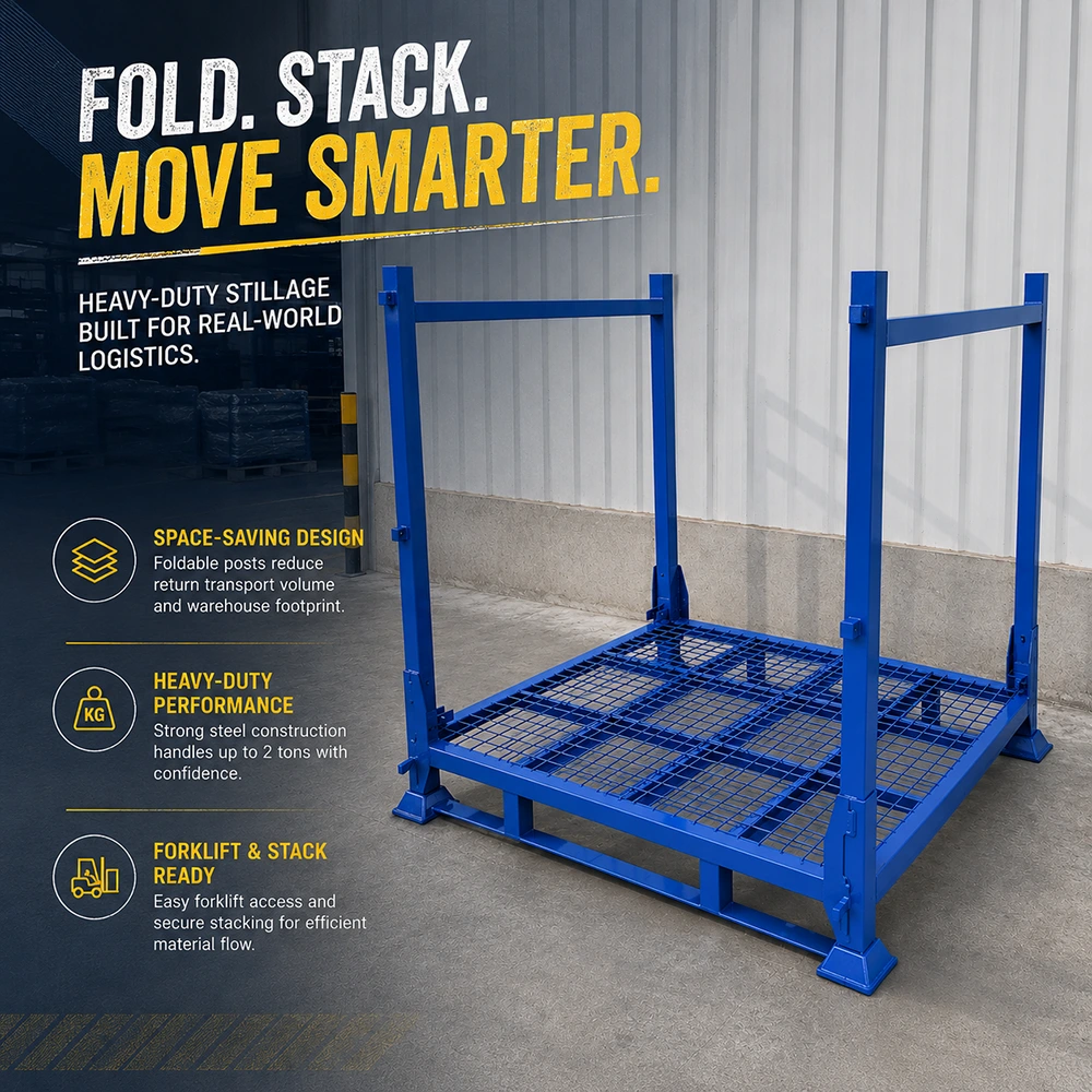 Blue foldable steel stillage with mesh deck, hinged posts, and forklift access in a warehouse