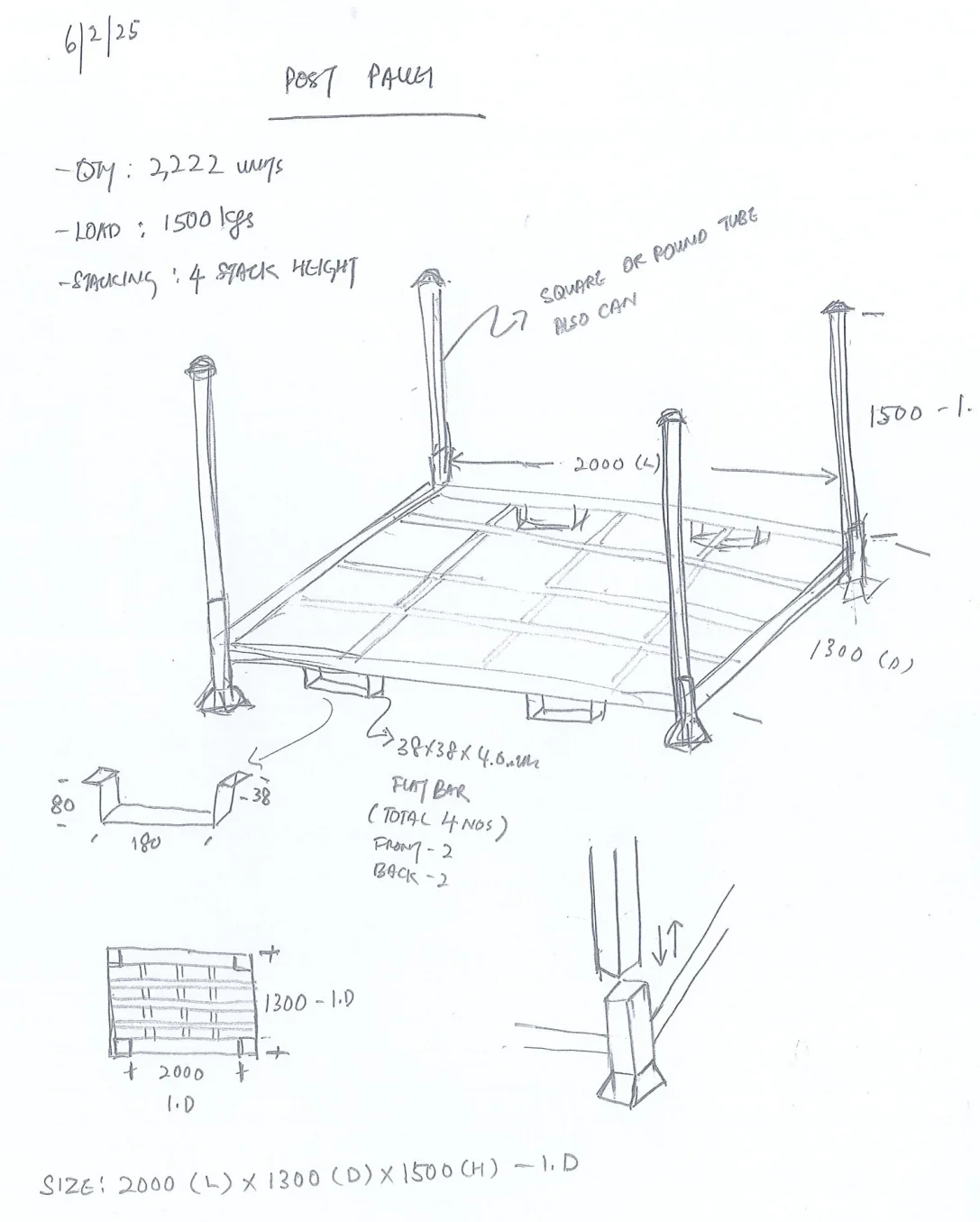 Derack demountable post pallet configured for long pipes and profiles