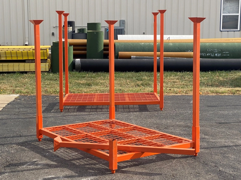 Galvanised post pallet standing in an outdoor yard, ready for export use