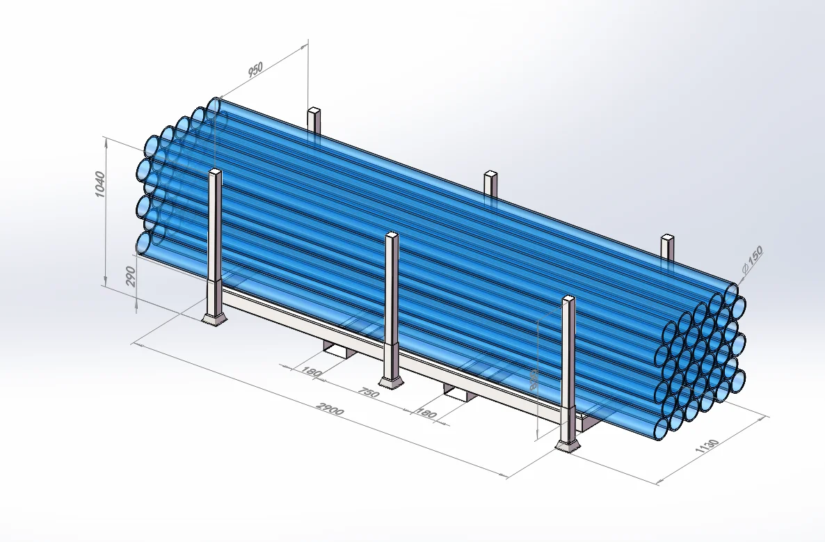 Tires stored upright by diameter class on steel base modules