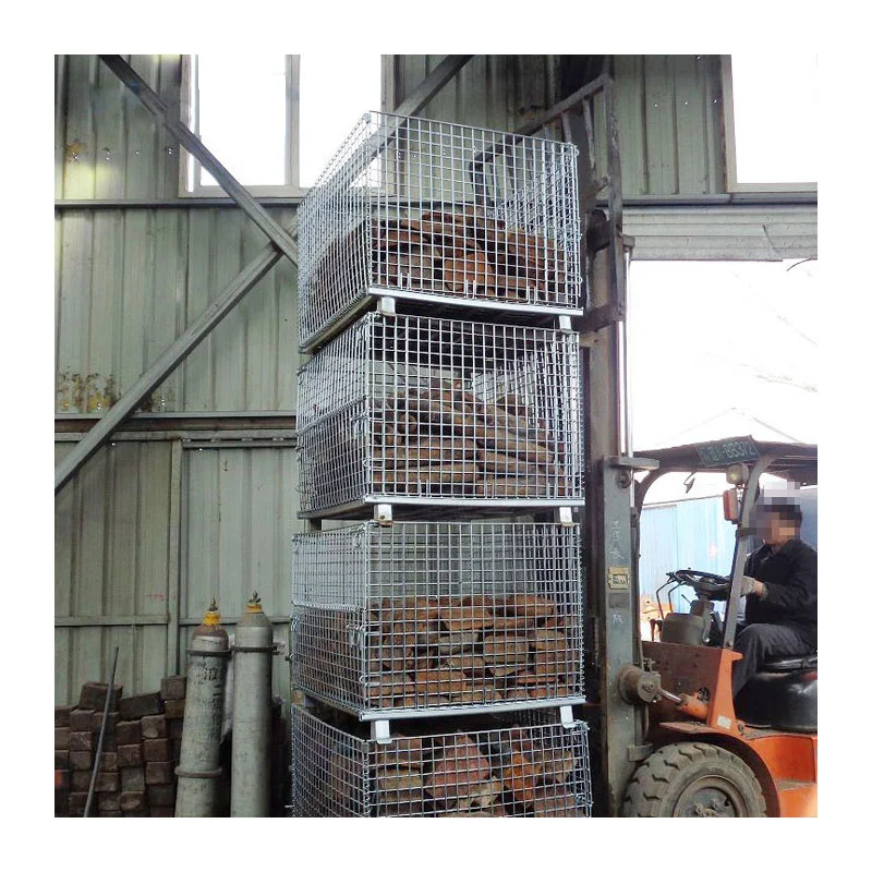 Forklift truck stacking four heavy-loaded wire containers to verify vertical compression strength.