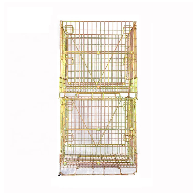 Two-high vertical stack of color-passivated galvanized steel wire containers showing structural stability.