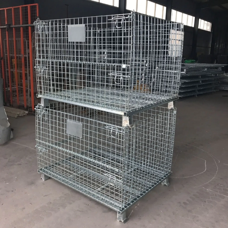 Real-world factory stack of two electro-galvanized wire mesh containers with slide prevention blocks.