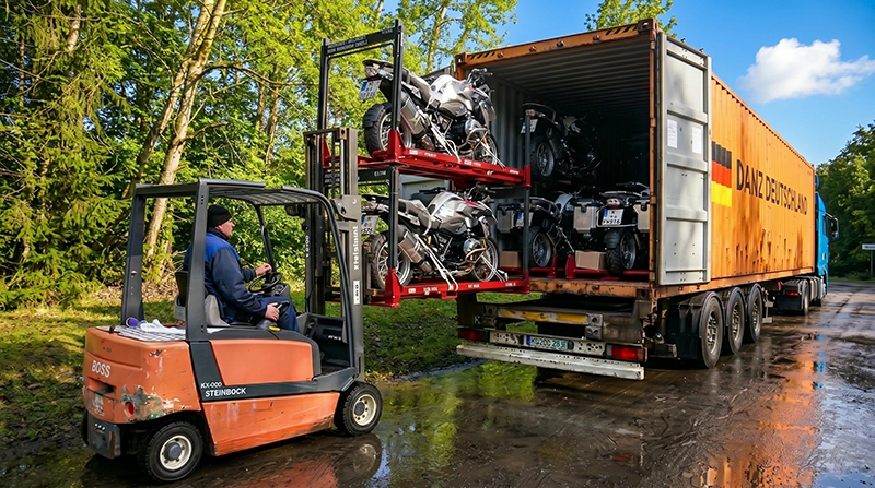 Steel Mtrack motorcycle pallet rack loaded by forklift into a shipping container
