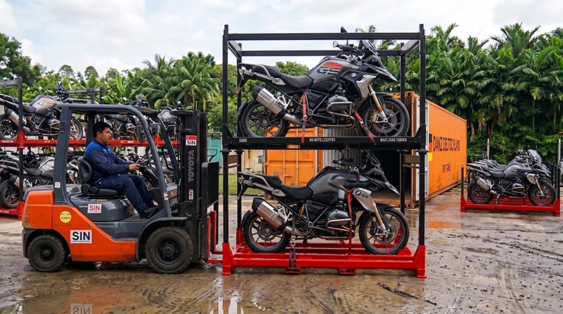 Forklift carrying a two-tier steel motorcycle shipping pallet rack with wheel chocks and stacked bikes