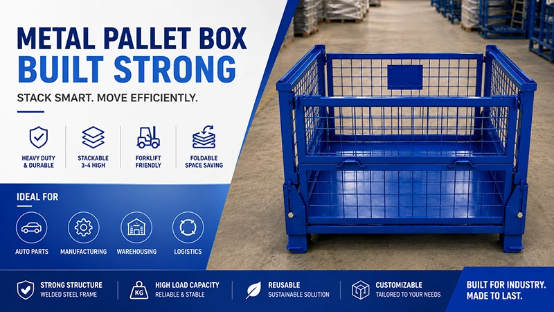 Blue heavy duty collapsible wire mesh pallet box with reinforced steel base, stackable warehouse stillage.