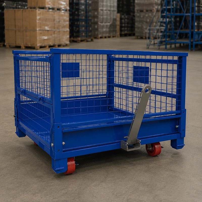 Blue steel mesh pallet box with reinforced base, side latch, tow arm, and red casters
