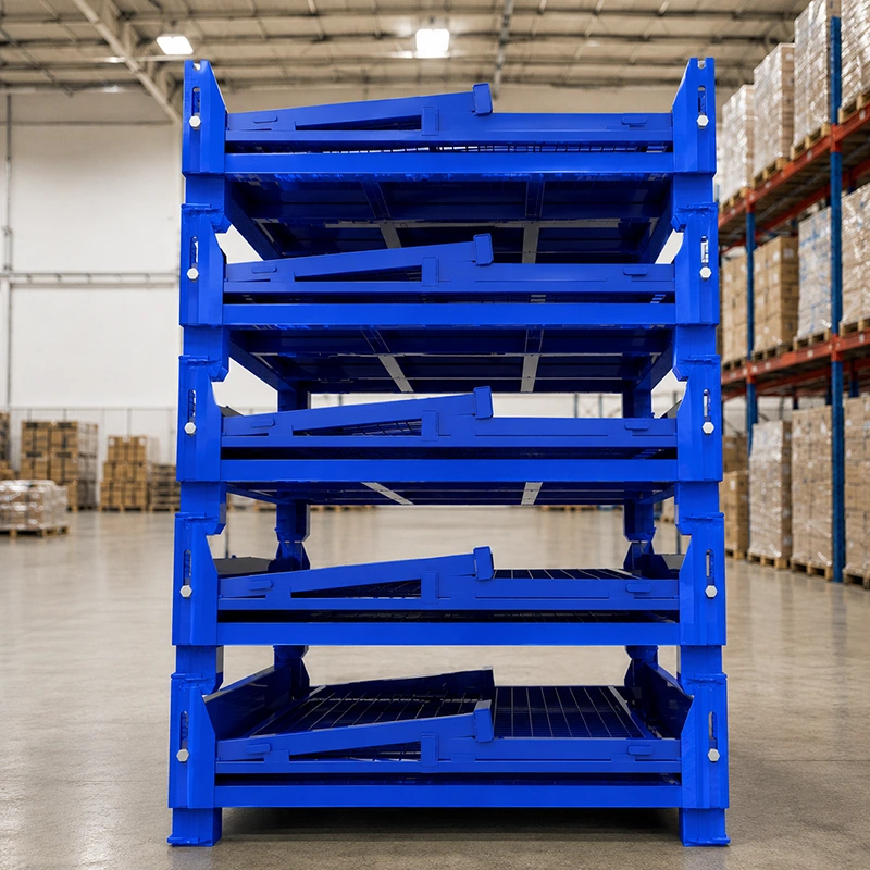 Warehouse photo of stacked blue collapsible steel pallet stillages with powder-coated frames