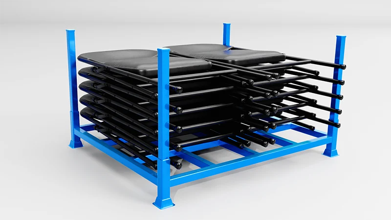 Blue storage rack holding multiple stacked metal panels