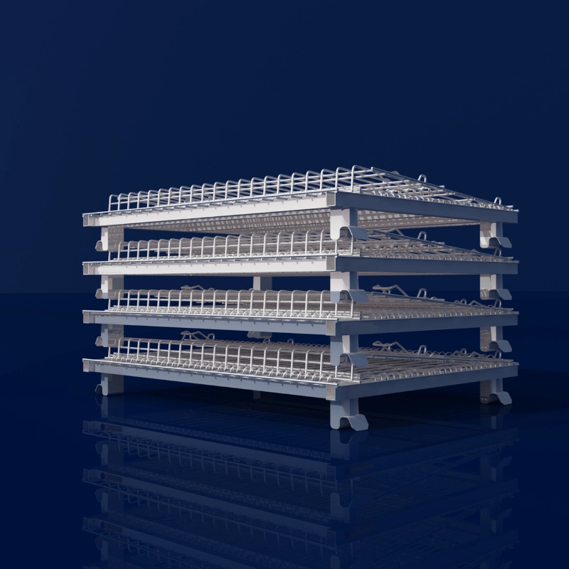 Side profile render of four flat-folded steel wire containers stacked to show precision alignment.