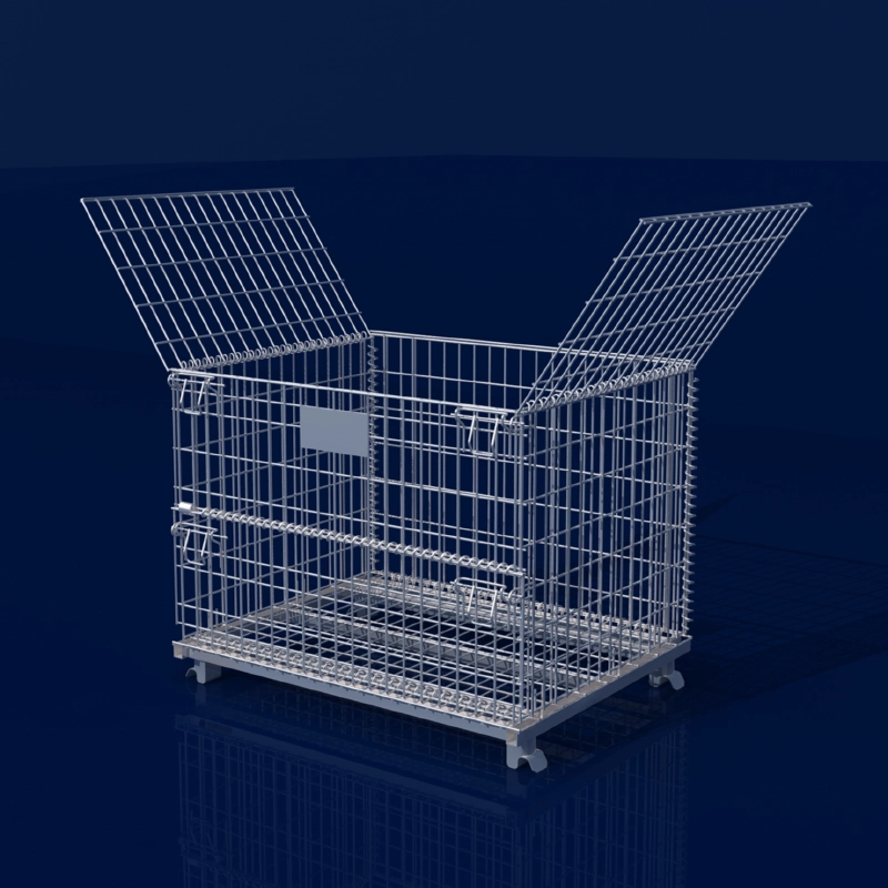 3D render showing setup of electro-galvanized wire mesh storage cage with side gates swinging open.