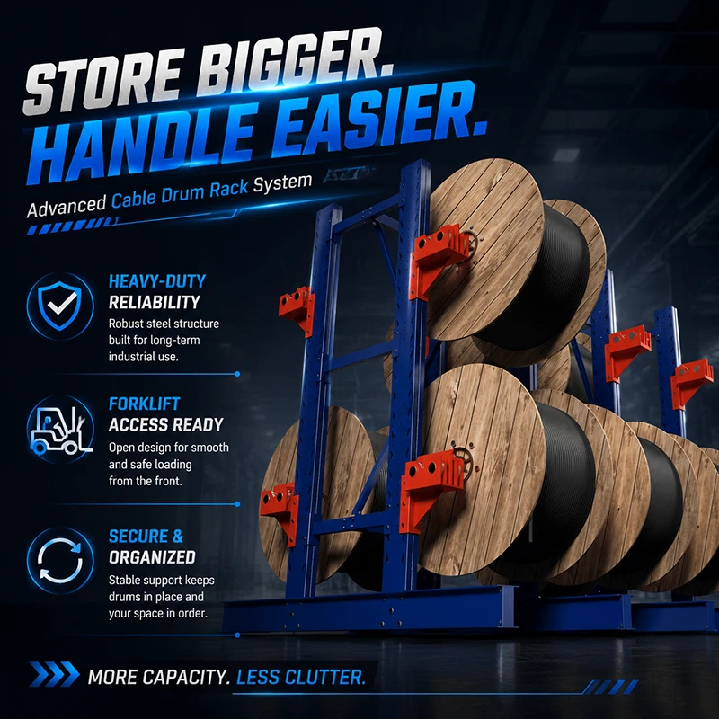 Loaded blue cable drum rack holding wooden reels on two levels with red supports
