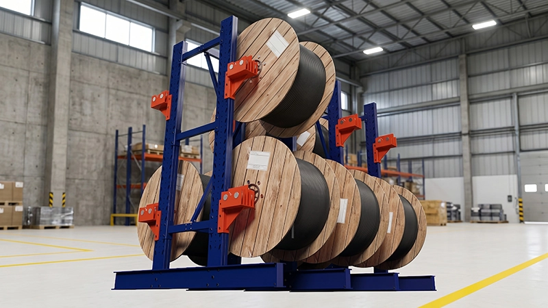 Loaded double sided cable drum storage rack system inside modern industrial warehouse with warehouse shelves in background