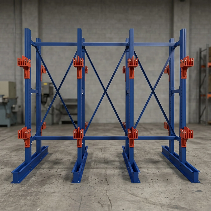 Empty industrial wire spool rack standing on factory concrete floor with warehouse equipment and steel racking in background